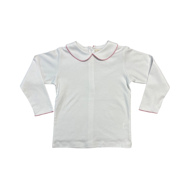 Girl’s Long Sleeve Knit Peter Pan Shirt, White/Light Pink