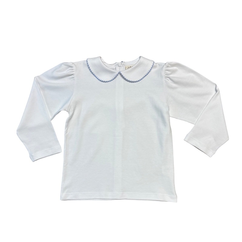 Girl’s Long Sleeve Knit Peter Pan Shirt, White/Sky Blue