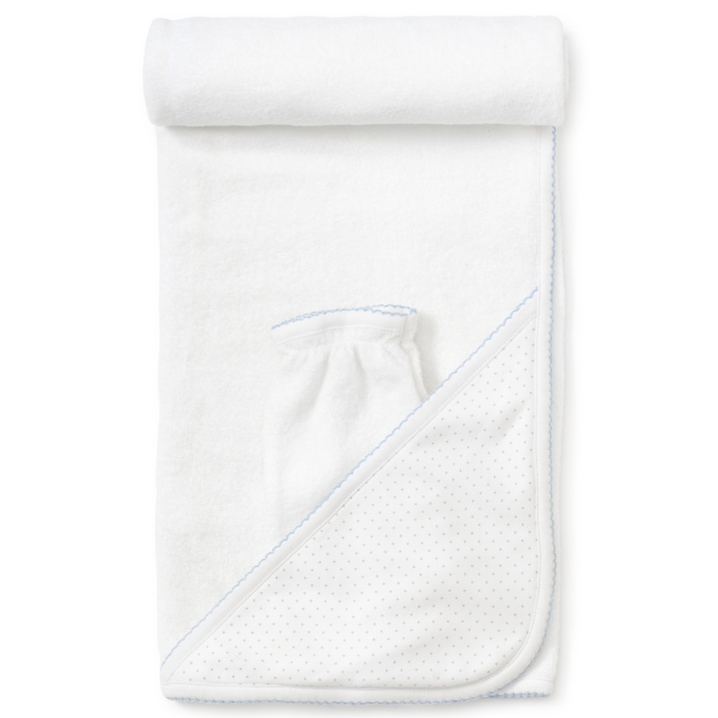 Towel with Mitt, White with Blue Polka Dots