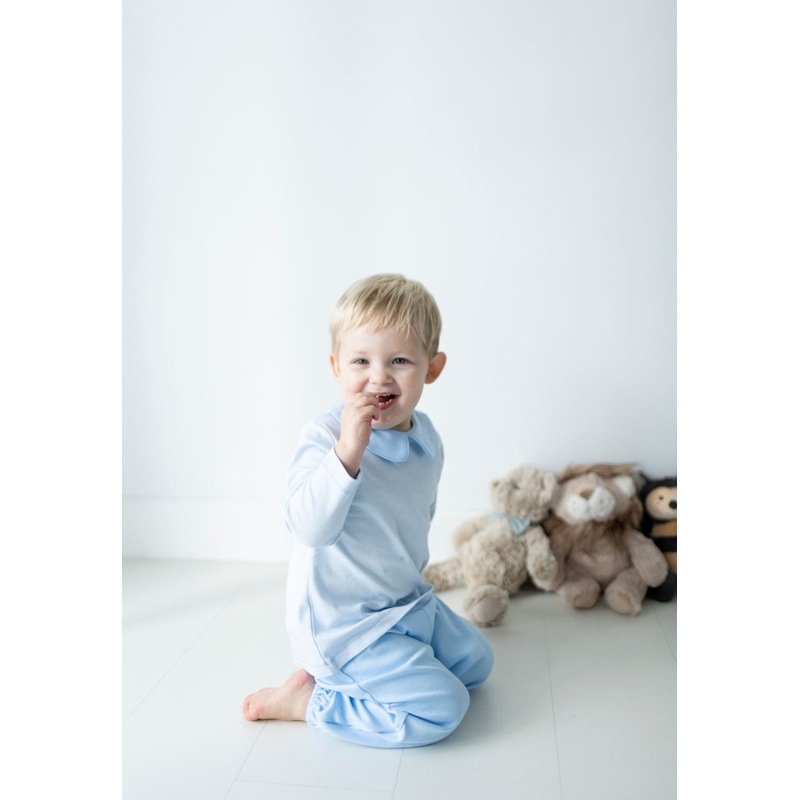 Boy’s Long Sleeve Collared Blue Mini Stripe Pant Set