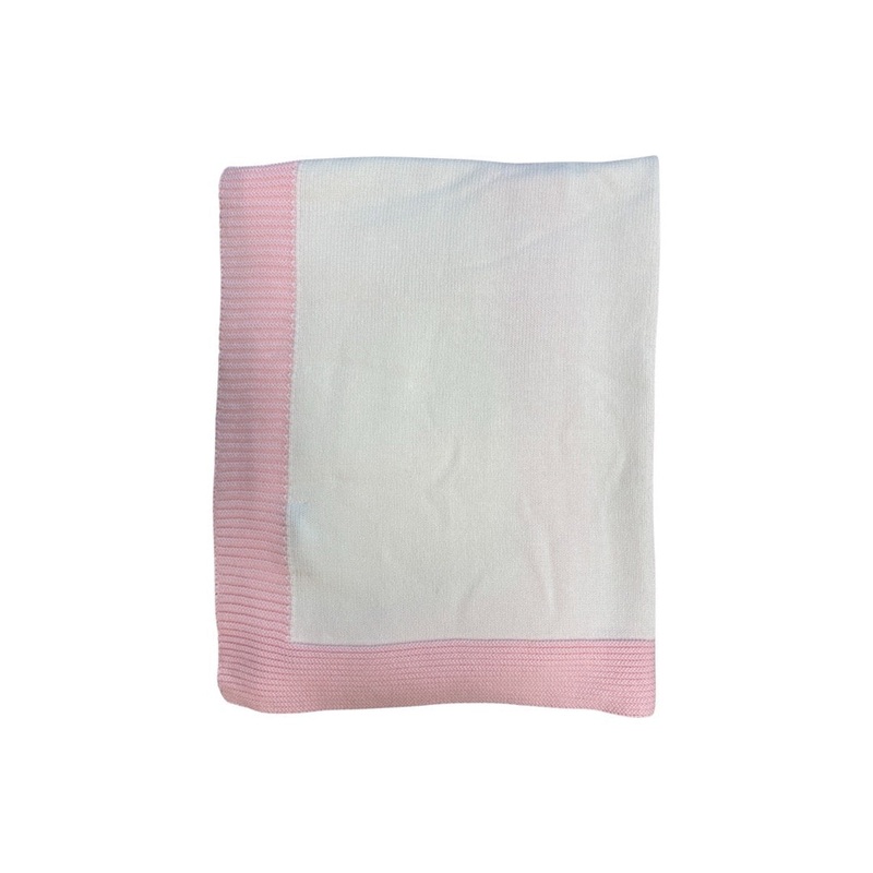 Jersey Knit Blanket with Contrast Rib Border, White with Pink