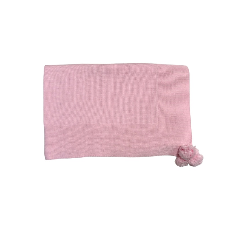 Knit Baby Blanket with Pompoms, Pink