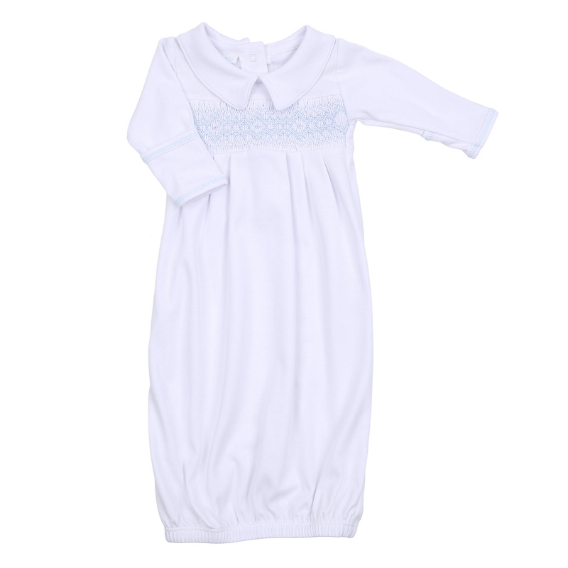 Ava & Archie White with Blue Smocked Collared Pleated Gown