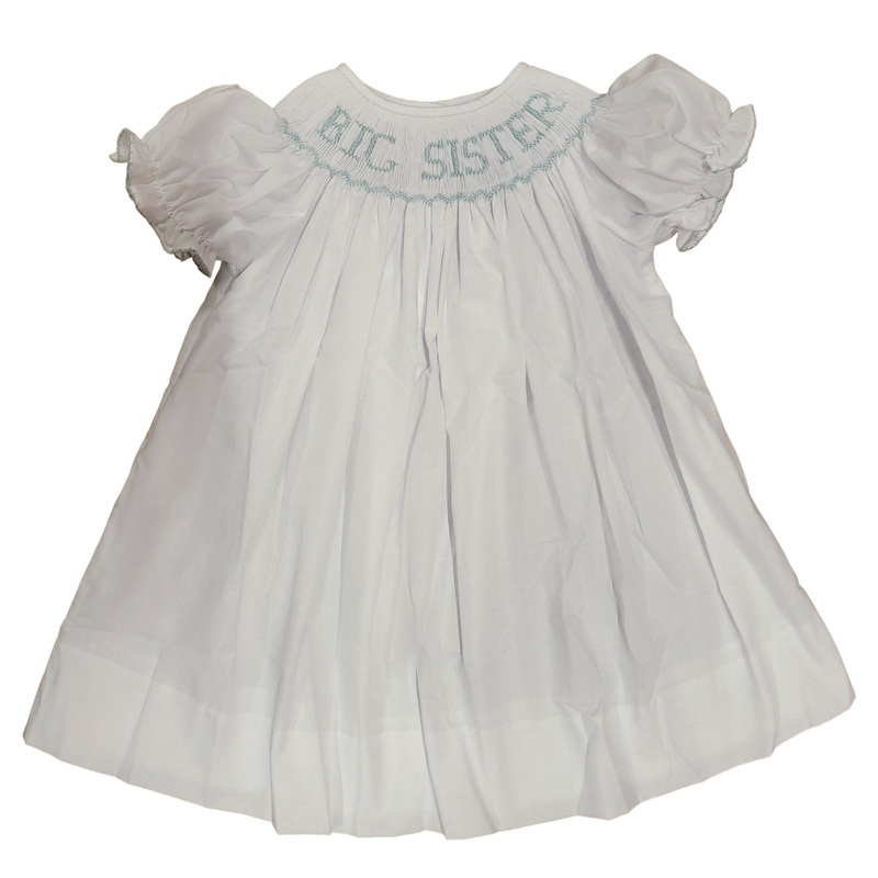 Girl’s White Bishop Smocked Dress, Blue Big Sister
