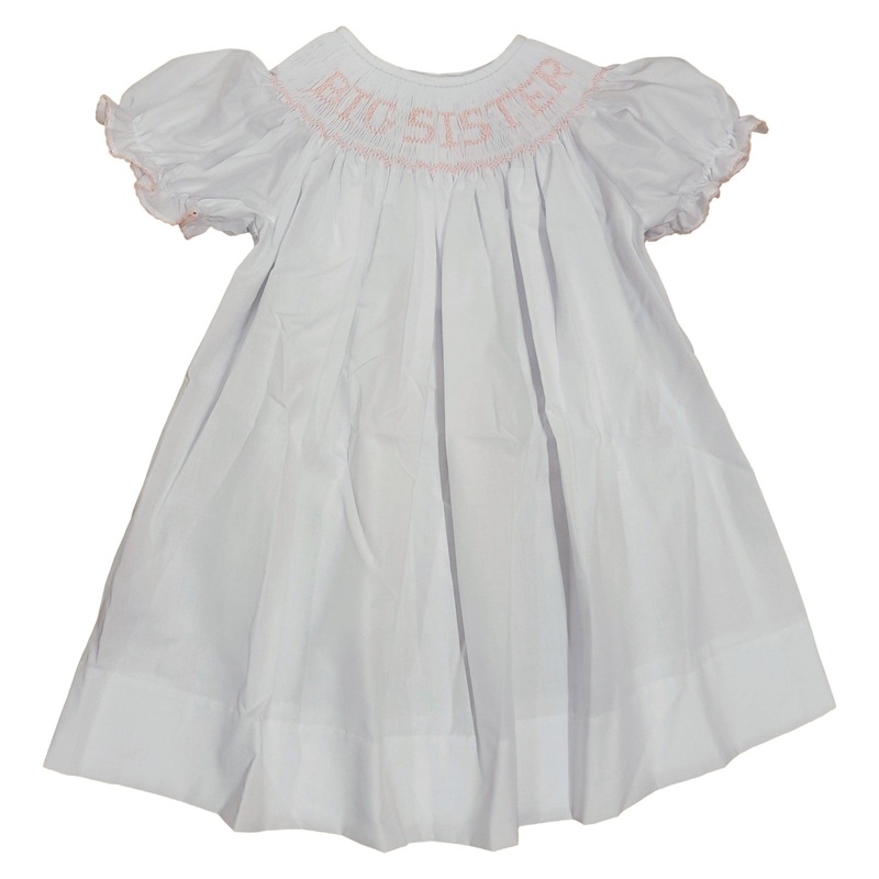 Girl’s White Bishop Smocked Dress, Pink Big Sister