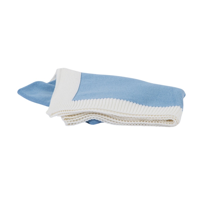Jersey Knit Blanket with Contrast Rib Border, Blue with White
