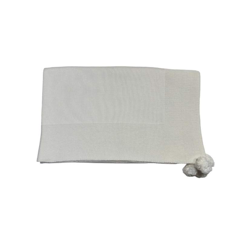 Knit Baby Blanket with Pompoms, Cream