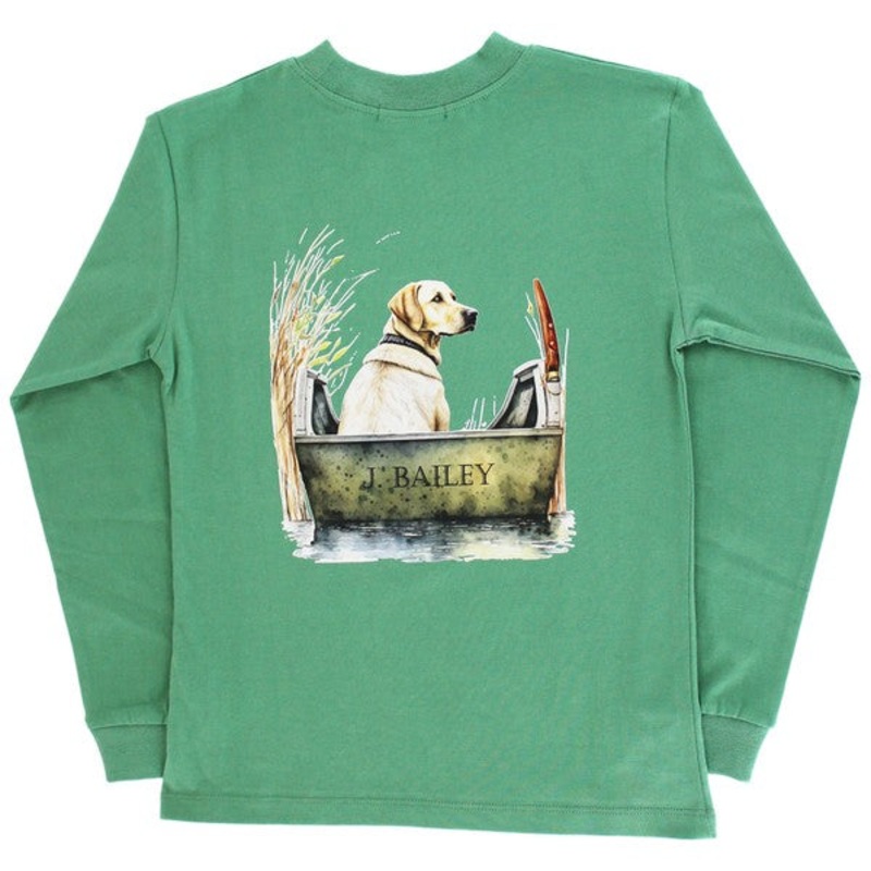 J. Bailey Long Sleeve Logo Tee – Dog in Boat on Green