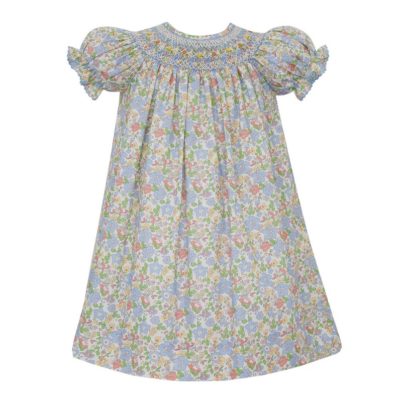 Blue Liberty Floral Short Sleeve Bishop Smocked Dress
