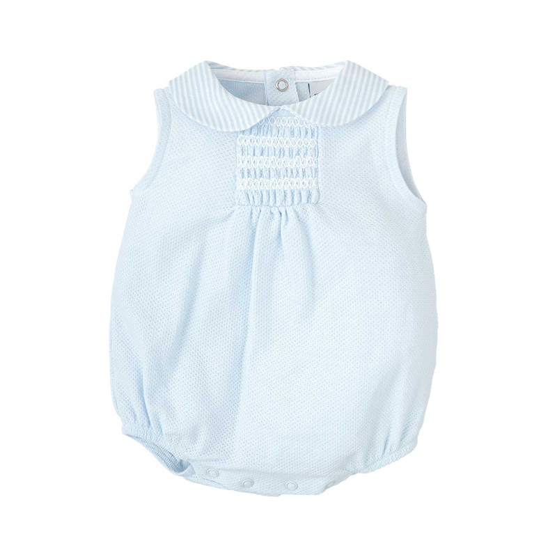 Blue Pique Smocked Sleeveless Bubble