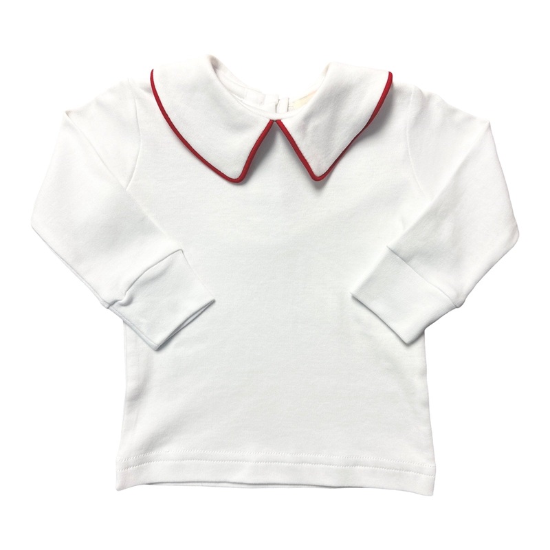 Boy’s Long Sleeve Basic Knit Top, White with Red Piping