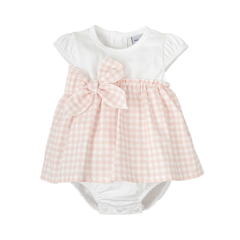 Pink Check Short Sleeve Bow Dress
