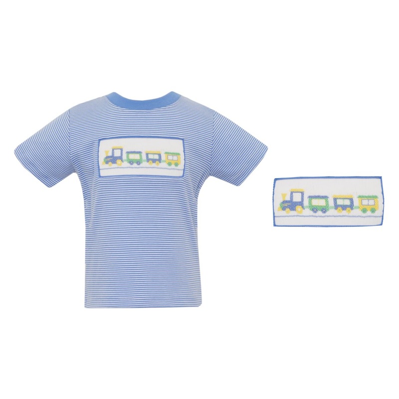 Trains Smocked Periwinkle Blue Stripe T-Shirt